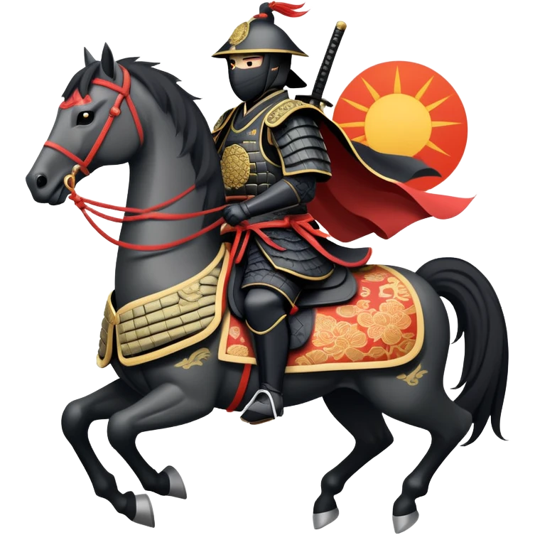 clash-of-clans-aesthetic_-cinematic-fearsome-and-majestic-samurai-bust-portrait-emoji, rendered in a flat, vector-style with minimal shading and bold, simplified shapes typical of emoji art, depicting a battle-hardened samurai with black mask and traditional black Japanese armor. The samurai is riding a noble grey warhorse adorned with an intricately designed saddle and fluttering banners and a rising sun. a zoomed insamurai riding on a  horse emoji