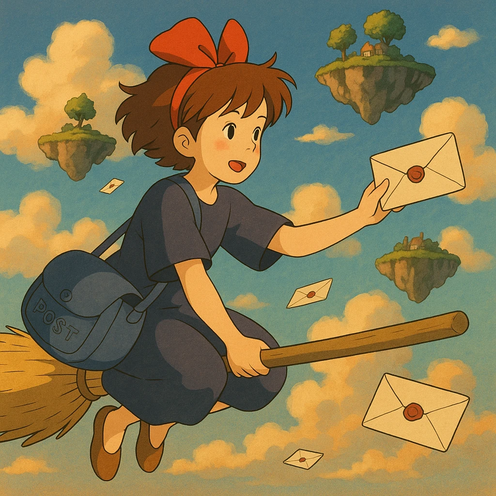 A mail carrier girl on a broomstick delivering letters to flying islands.

 emoji