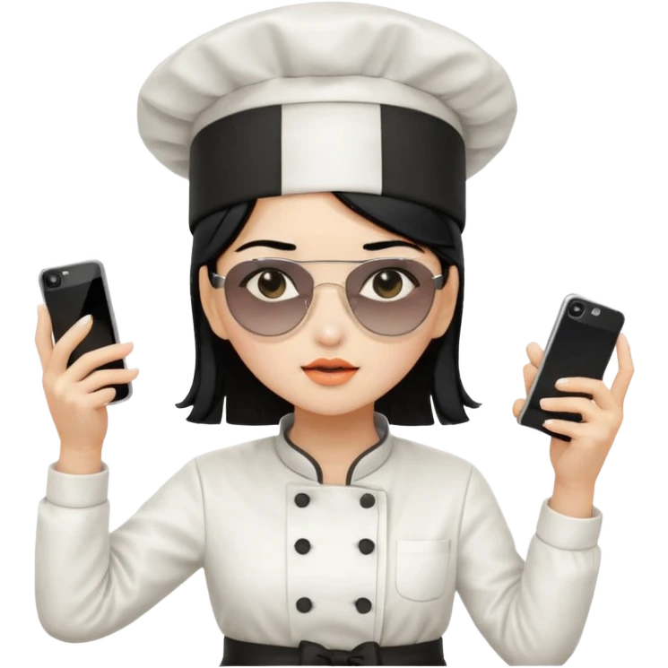 ["A sad woman with light skin, straight hair, wearing a chef hat and sunglasses, dressed in K-pop fashion, is dancing while holding a phone."] emoji