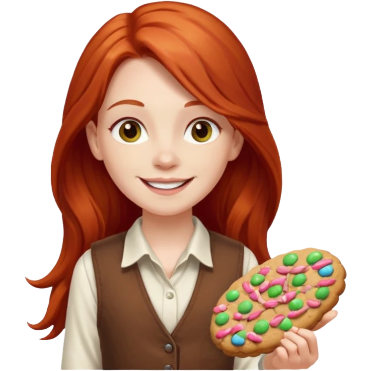 white girl scout with red long hair selling cookies with a brown vest and white shirt under vest. She should be around 10 years old emoji
