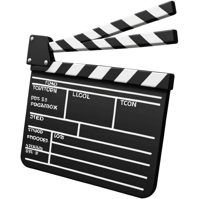 Classic movie clapperboard with traditional black and white striped top part and black base, iOS emoji style emoji