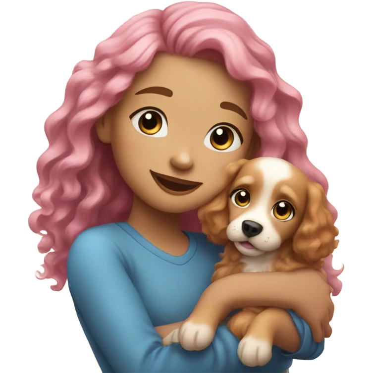 Please create a girl who hugs her pet doggie. The girl has a cute face and so does the doggie. The girl has light skin, blue eyes and pink wavy long hair. emoji