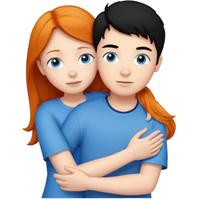 Ginger boy without facial hair hugging girl with black hair. Both have blue eyes.  emoji