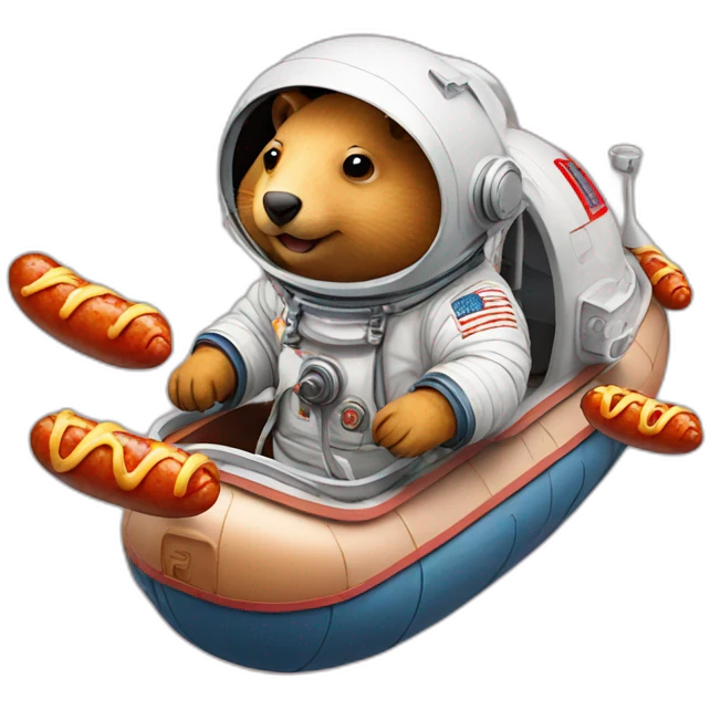 astronaut wombats in a boats made of hotdog sausages emoji