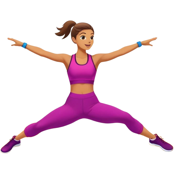 A person in activewear performing an energetic aerobics move, mid-jump, in a bright gym. The background is simple and clean, focusing on the movement and coordination. The style is vibrant, energetic, and motivating. emoji