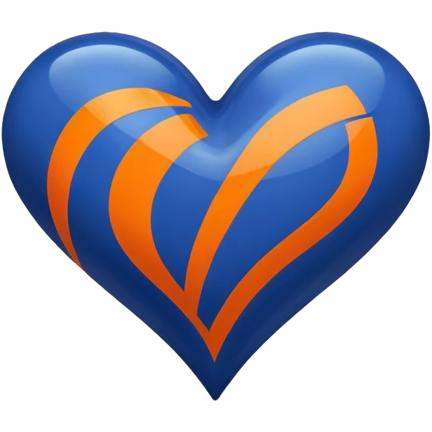 Glossy dark blue heart with straight orange athletic stripes going down one side emoji