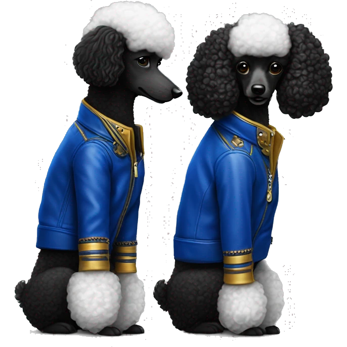 Royal blue and gold leather jackets on Black poodle and white poodle best friends emoji