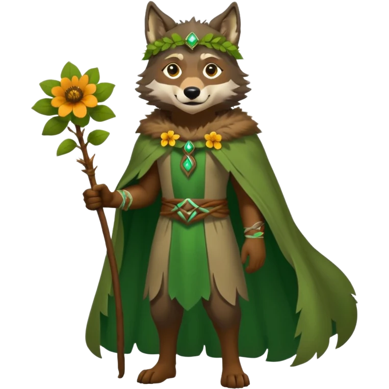 wolf dressed as a druid, flower crown, green cape, full body icon emoji