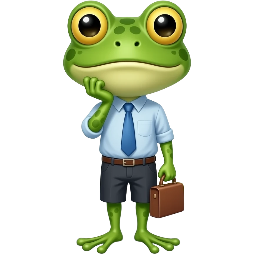 A frog clerk who is going to a meeting and stands in front of a road, thinking about how to cross it. emoji