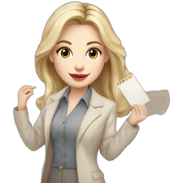 pale skin woman interior designer with cold blonde middle length hair, gray eyes, beige blouse, White oversize jacket, Gray skirt holding a color palette in the hands emoji