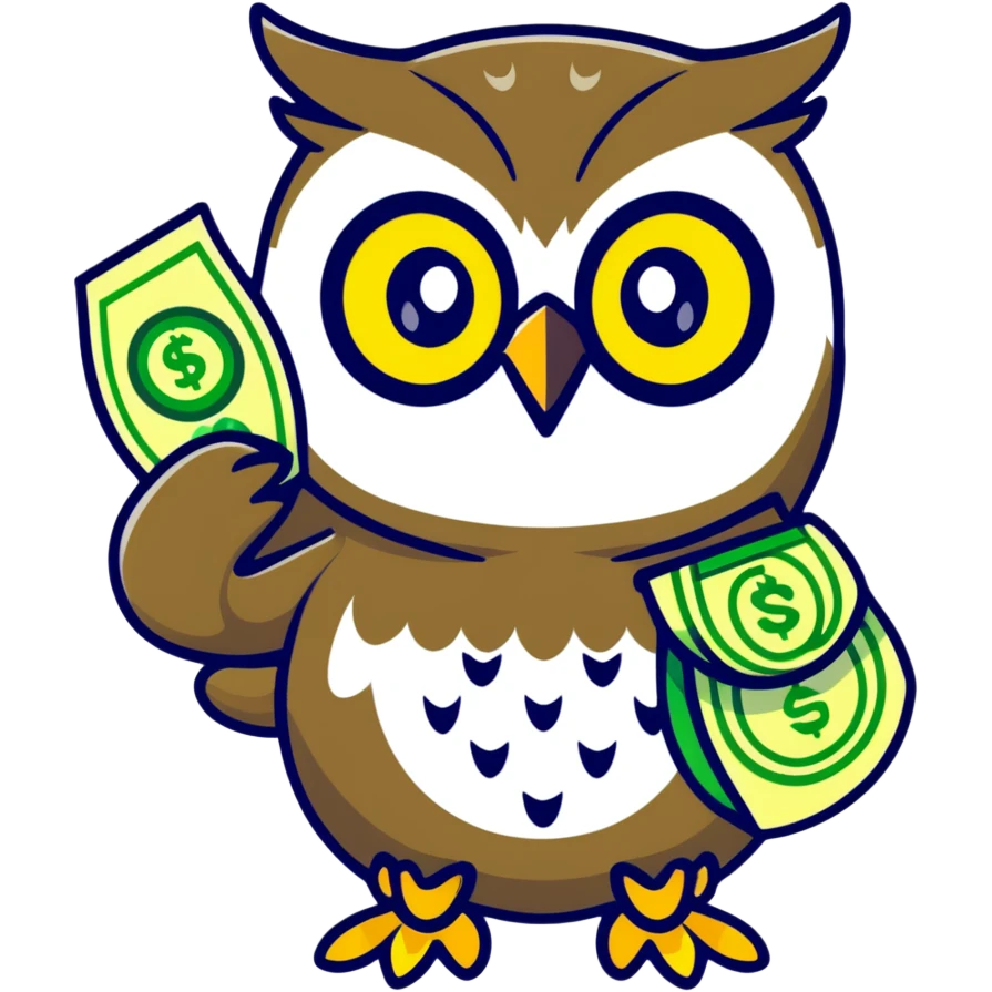charming pastel-toned owl character, large green eyes, golden feathers, holding a money pouch in its feet, sticker style, emphasizing sparkling effect emoji