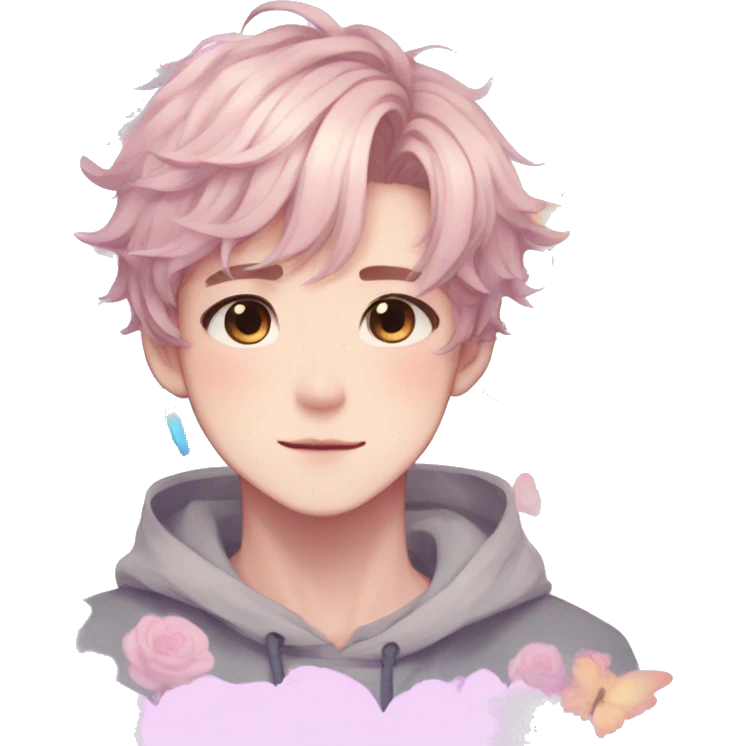 Gorgeous pastel anime style boy with blushing face and butterflies aesthetic trending style emoji