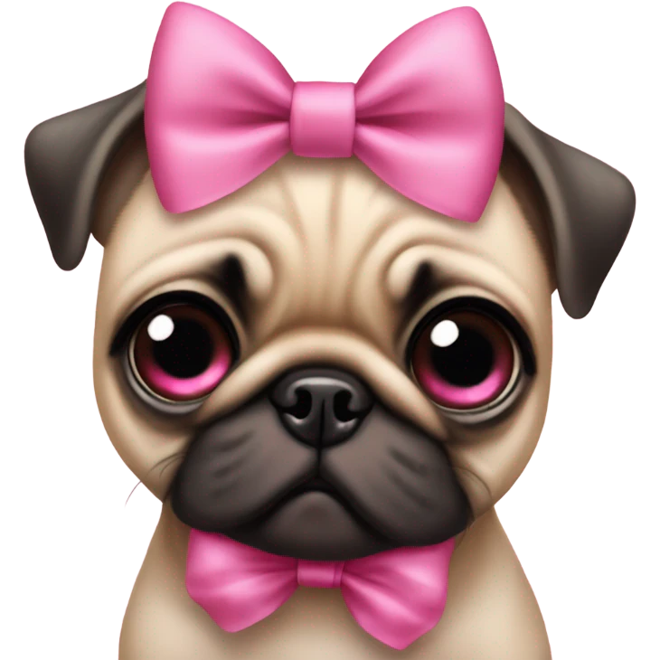 Baby pug with big pink
eyes playing wearing a pink bow above 1 ear emoji