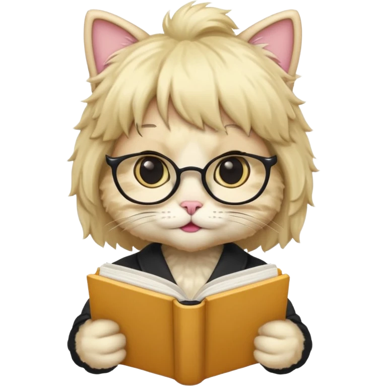 A cat wearing a wig, holding a textbook emoji