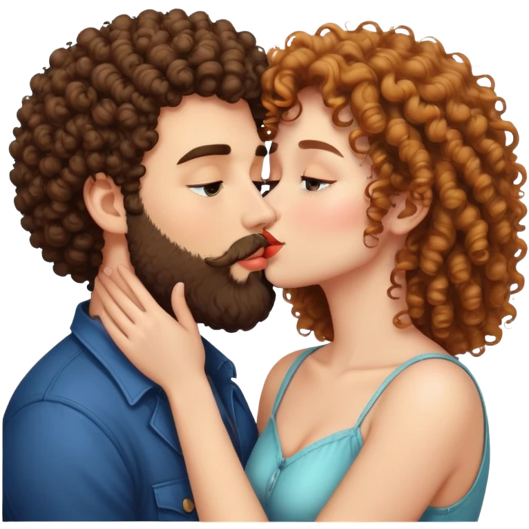 curly haired girl kissing a man with a beard, romantic couple kiss emoji