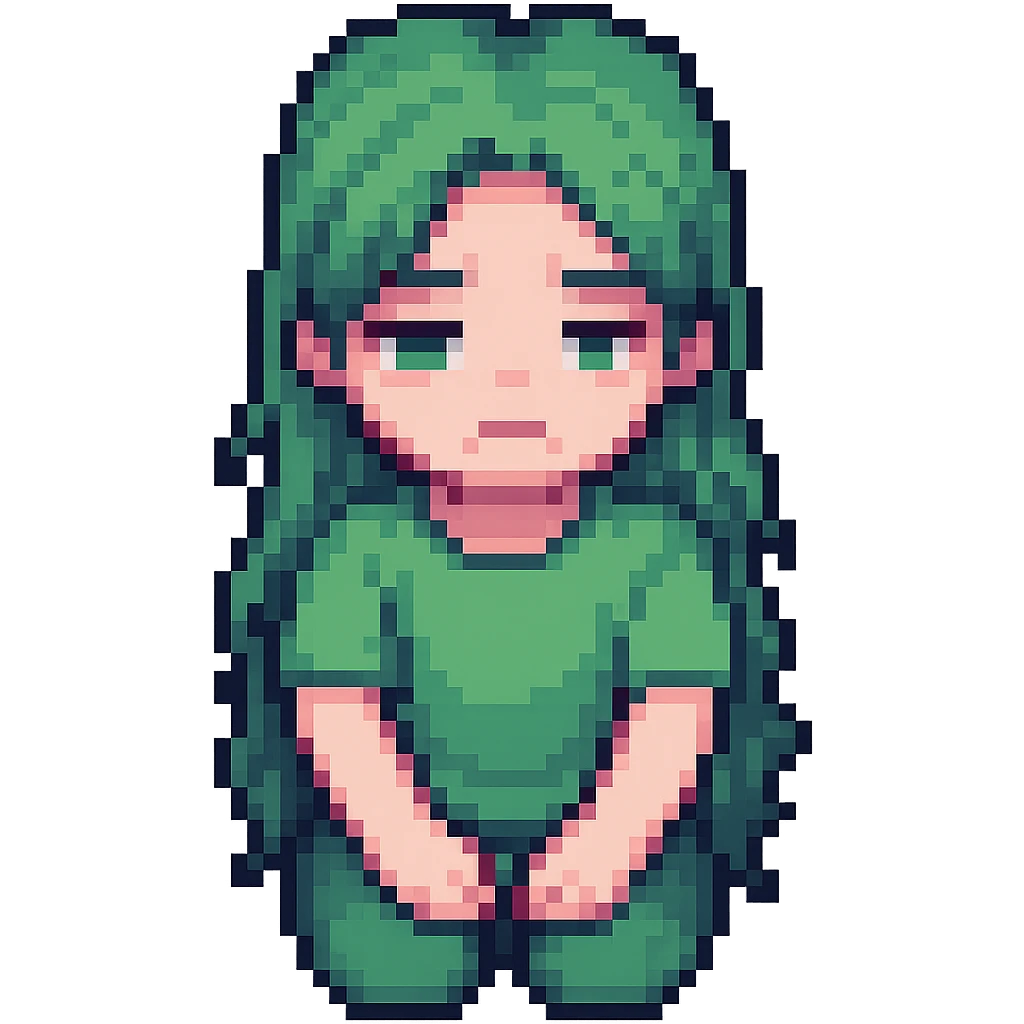 Sad girl wearing a bright green parrot green t-shirt, in pixel art style, with a transparent background. Focus on concise pixel art style. emoji