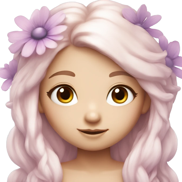 Beautiful, flower fairy, white long, light pink hair, big wings, white skin, light violet eyes  emoji