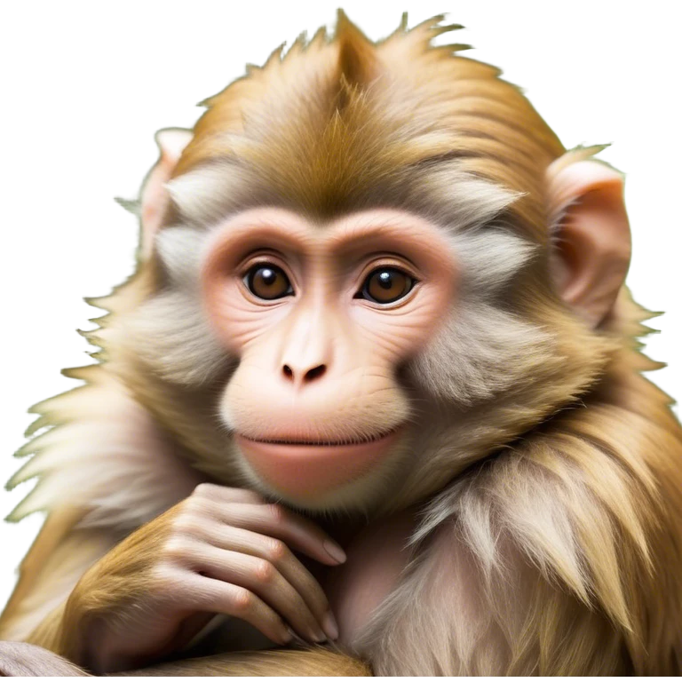 Beautiful and Majestic Cheeky Macaque Portrait Emoji, Head resting in a relaxed, contented smirk with eyes half-closed in a dreamy, playful slumber, showcasing soft, gently ruffled fur and a compact, agile build, Simplified yet exquisitely endearing features, highly detailed, glowing with a soft, radiant light, high shine, serene yet mischievous, stylized with an air of refined playful charm, soft glowing outline, capturing the essence of a beautiful and majestic macaque that embodies both cheeky humor and gentle elegance! emoji