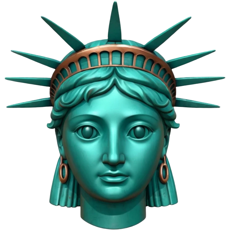 3D render of Statue of Liberty Head, heavily oxidized copper texture, verdigris patina, Classic teal copper texture, weathered bronze aesthetic, ancient decay, Apple emoji style, isolated on white background --v 6.0. emoji
