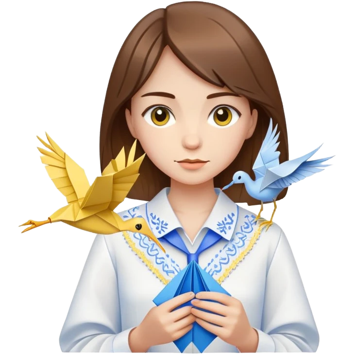 Ukrainian young girl with brown hair wearing a white embroidered shirt holds an origami yellow-blue crane emoji
