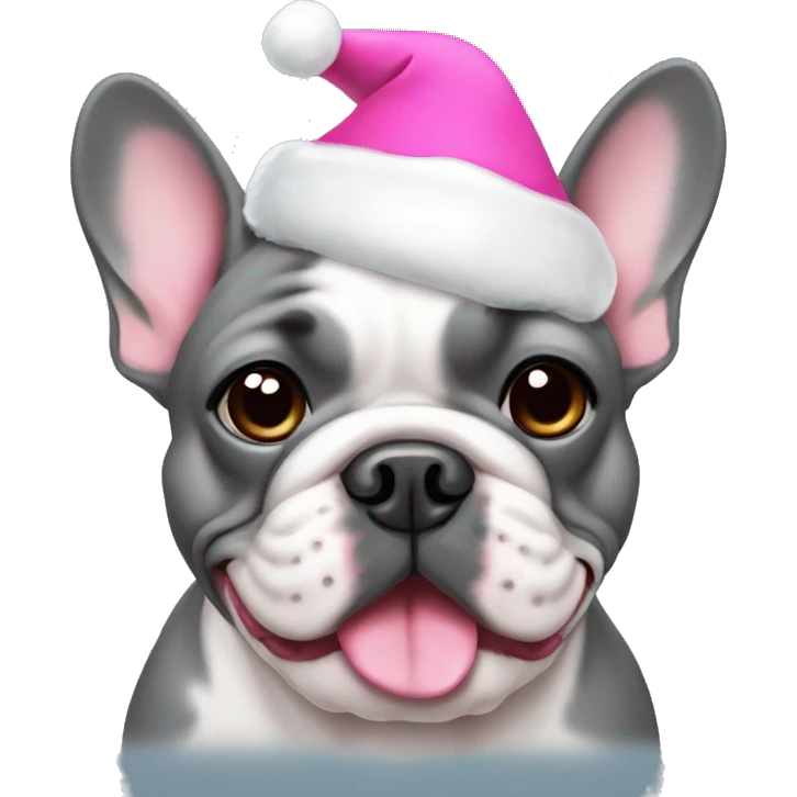 gray frenchie bulldog wearing pink Santa hat emoji