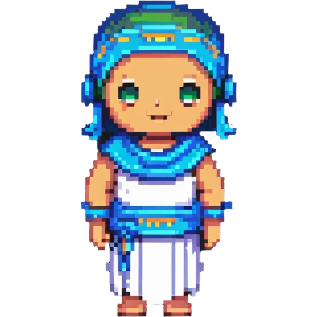 Greek chatbot wearing a toga with a digital screen face in pixel art style emoji