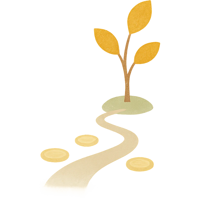 gentle, artistic, minimalist avatar with warm soft colors beige, light brown, green, pale yellow, abstract journey of growing wealth with small tree with golden leaves, path with subtle coin motifs, no text, square format emoji