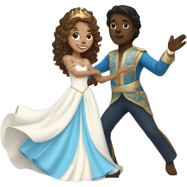 A princess with, brown long straight hair  and white dress with jewelry dancing around with a prince that is dark skin and curly brown hair with a blue and gold outfit  emoji