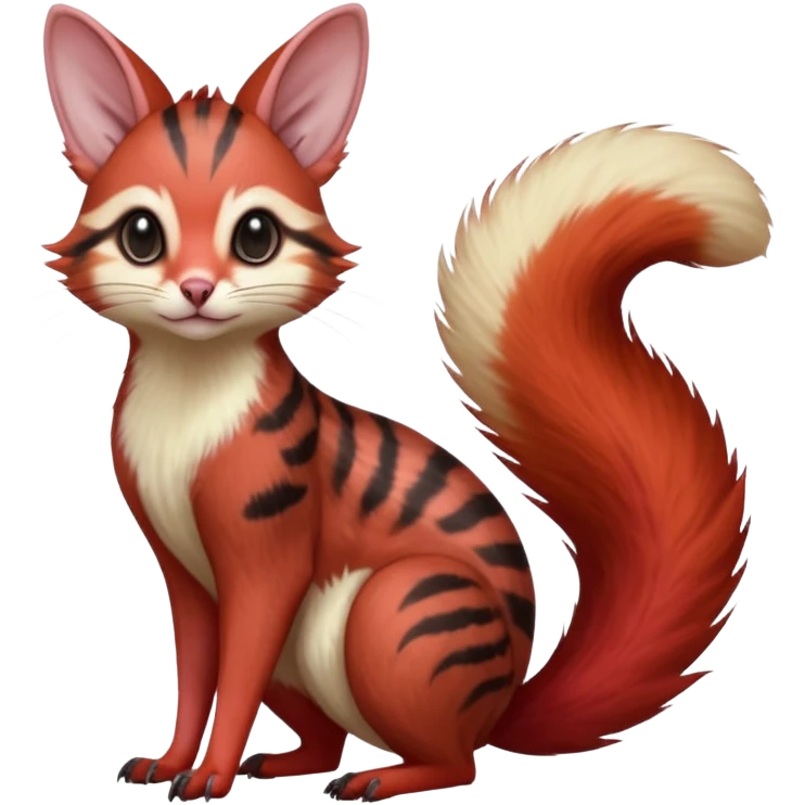  hyper-realistic sanguine-red-streaked natural realistic divine beautiful elegant pretty precious cute young youthful  Fakémon-Pokémon-alien-opossum-squirrel-feline-serval-caracal-chinchilla-Minccino-hybrid-creature with a big fluffy bushy tail (full body) emoji