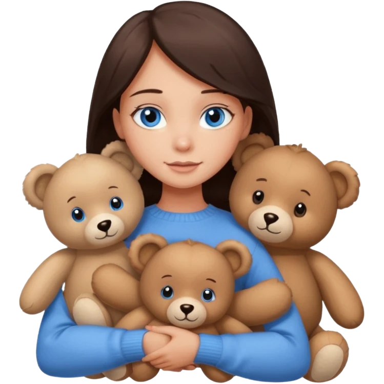 a girl with long dark 
brown hair, with blue eyes, in a
white sweater, hugs 3 different natural coloured emoji