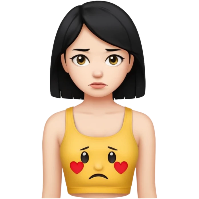 OnlyFans model with black hair, wearing a crop top, sad expression, emoji style emoji
