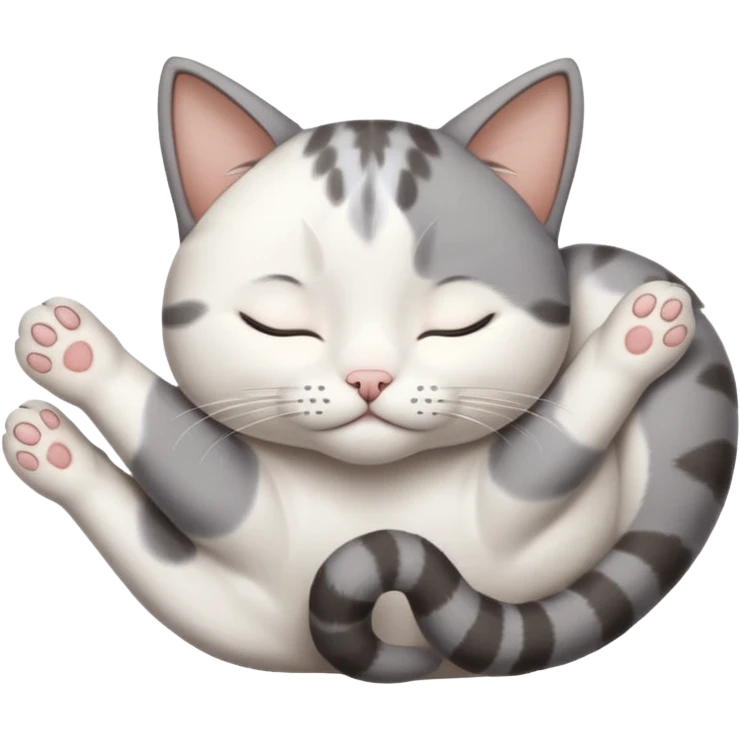 grey and white small cat eyes with closed lying down upside down with paws stretched out straight in different directions emoji