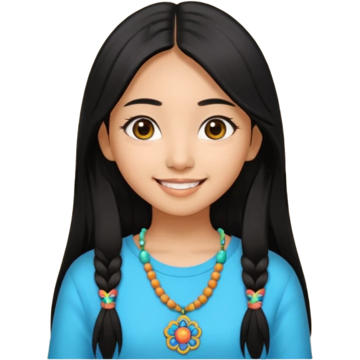 20 yr old asian woman hair trendy clothes center part big eyes big smile tanned skin straight black hair hippie part hair  emoji