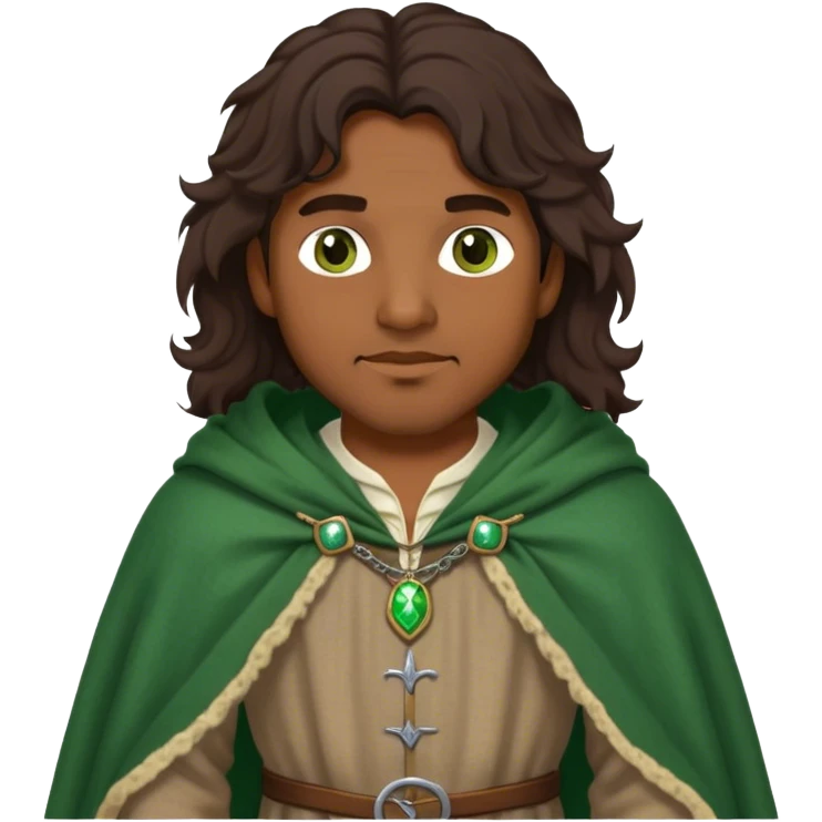 medieval outfit worn by a DnD themed fantasy character. basic linen shirt with a thick wool cloak. clothes only above the waist. The clothes full waist. The character's haven't arms. character is dark brown hair green eyes long wavy hair brown-skinned man. emoji