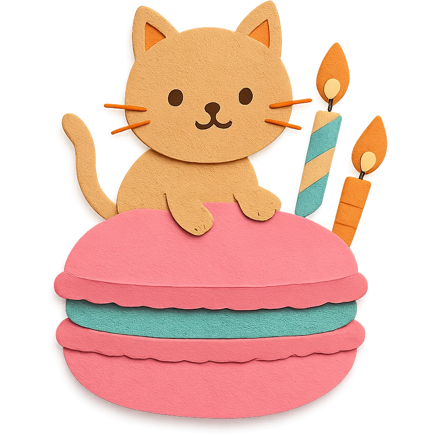 kitten riding giant macaron with candles, paper-craft style emoji