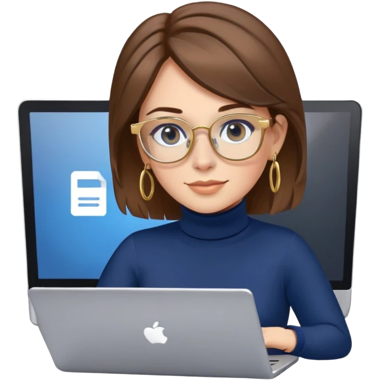 Female programmer with brown hair, navy blue turtleneck, gold hoop earrings, blue computer glasses, using laptop emoji