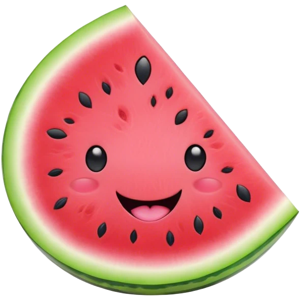 Cute Kawaii Watermelon Slice, juicy and vibrant, soft pastel green rind with pink flesh, tiny black seeds shaped like hearts, an adorable happy face with cute round eyes, bursting with summer energy! emoji