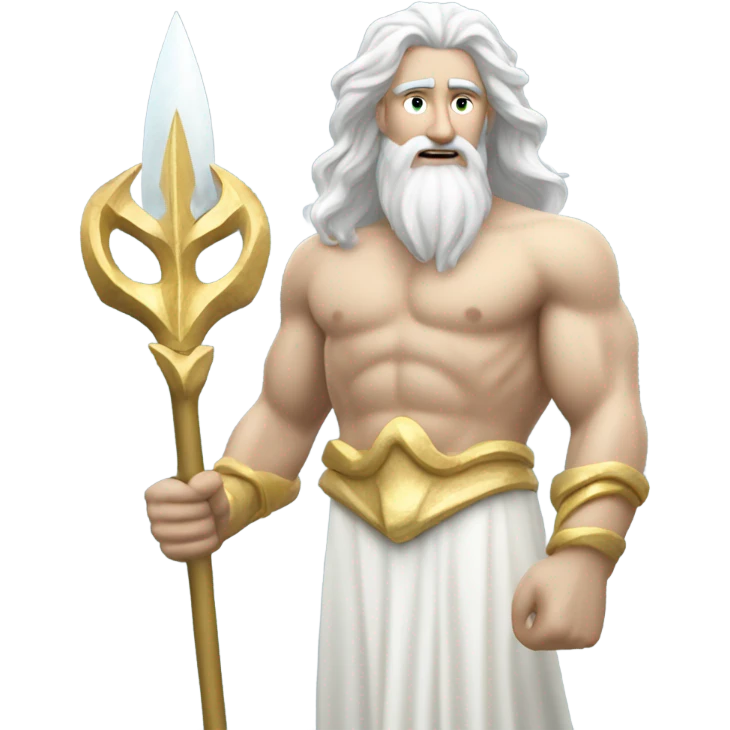 white man Poseidon with gold trident. long white hair white dress watch out emoji