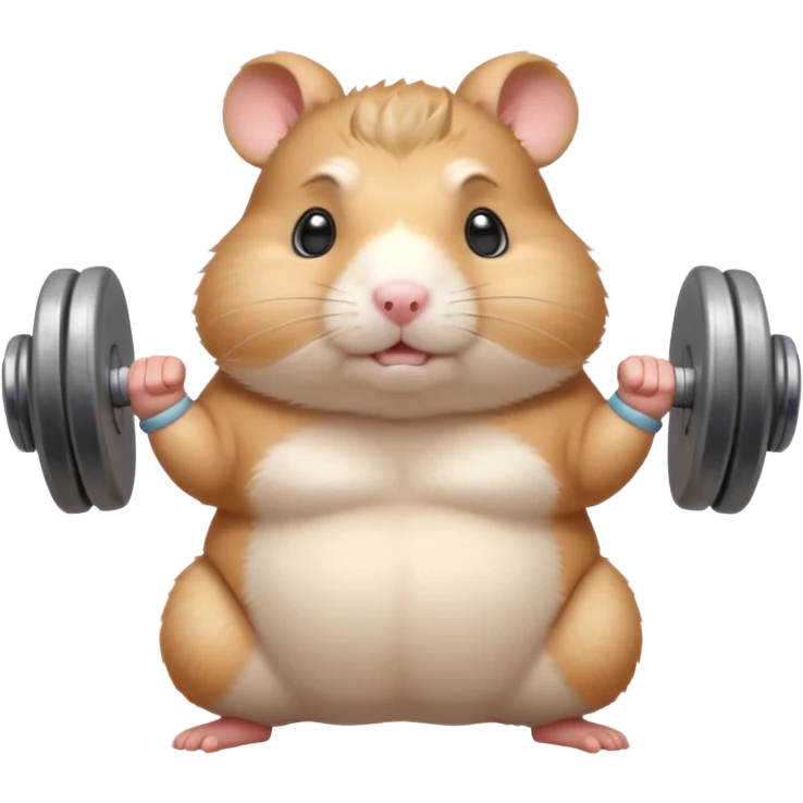Cute cartoon-style chubby hamster standing upright, wearing a tiny sweatband, lifting oversized dumbbells with determined expression. Soft painterly shading, expressive eyes, white background, sticker-style illustration emoji