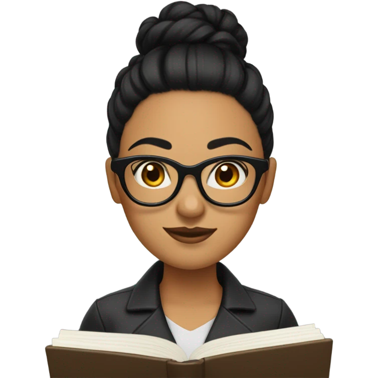 A woman with Black hair with a bun in the top of her head, she has glasses, she is writing a note on her notebook emoji