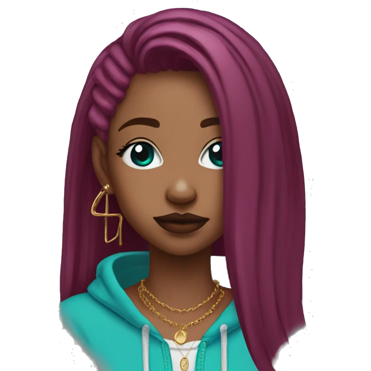 Deep pink maroon burgundy cyan dark hoodie person dyed hair and gold piercings nose piercing ear piercings emoji