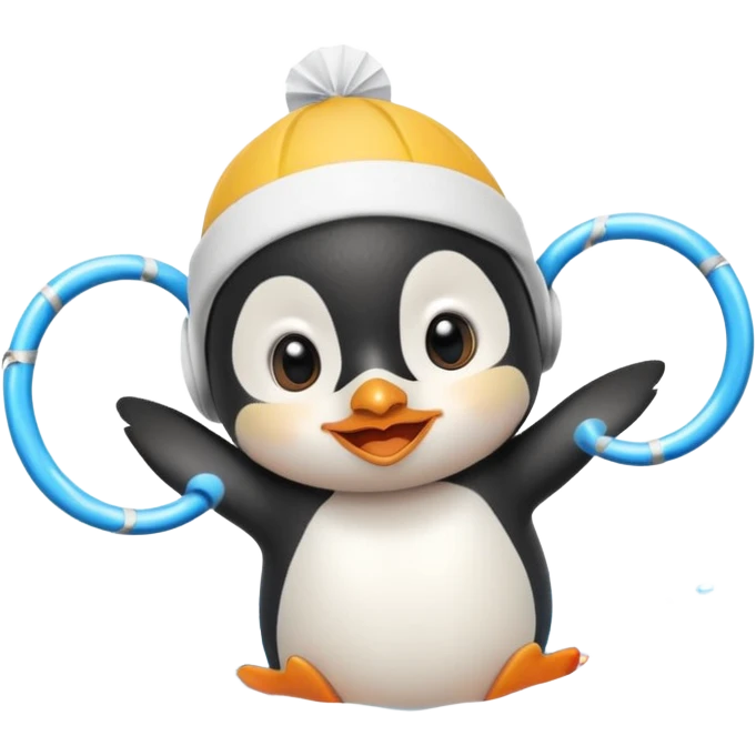 A cheerful penguin swimmer in swim cap, doing a playful backstroke with water rings popping around full body chibi cute
 emoji
