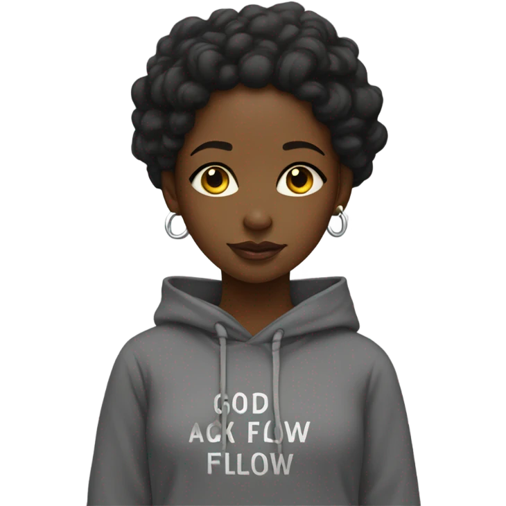A black girl wearing a hoodie that says Gods Flow emoji