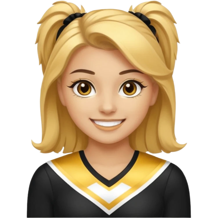 Cheerleader with golden skin tone skin, brown eyes, and outfit black and gold emoji