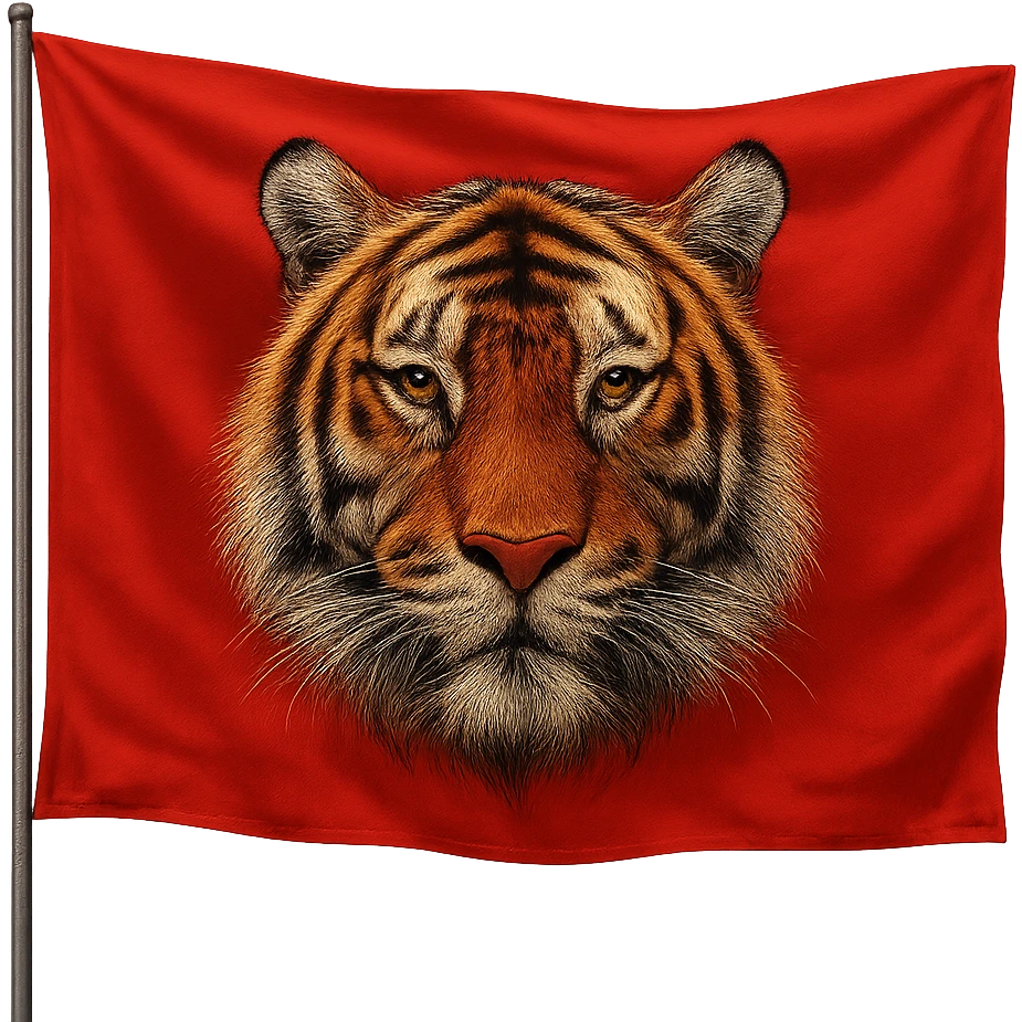 red flag featuring a realistic tiger face, centered, vivid and eye-catching, no text emoji