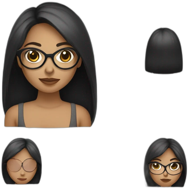 une fille avec de long cheveux noir lisse, la peau blanche ,et avec des lunette (en forme de carrer un peu déformé) assez grosse comparer a ça tête , portant un pull noir emoji