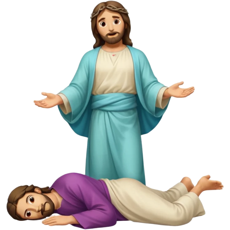 fullbody Jesus apostle in prone pose, unique facial expression, clear prone position, full body visible, apple emoji style emoji