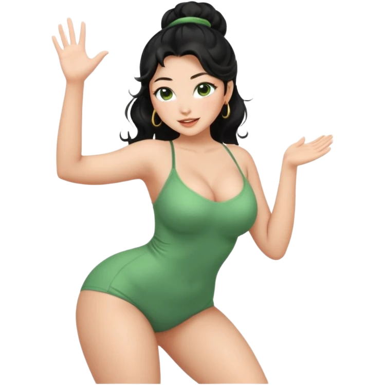 Full body nude very beautiful asian young woman, very beautiful face with freckles, green almond eyes long lashes, wavy black hair in a bun, big boobs, big ass, sexy body, bending over, waving to greet emoji