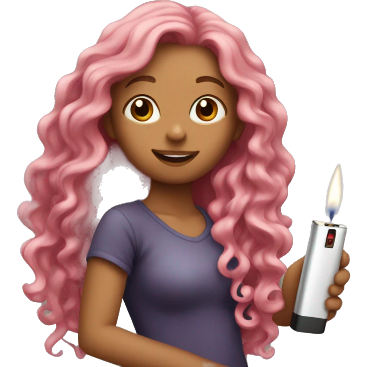 girl with long pink wavy hair holding a lighter emoji