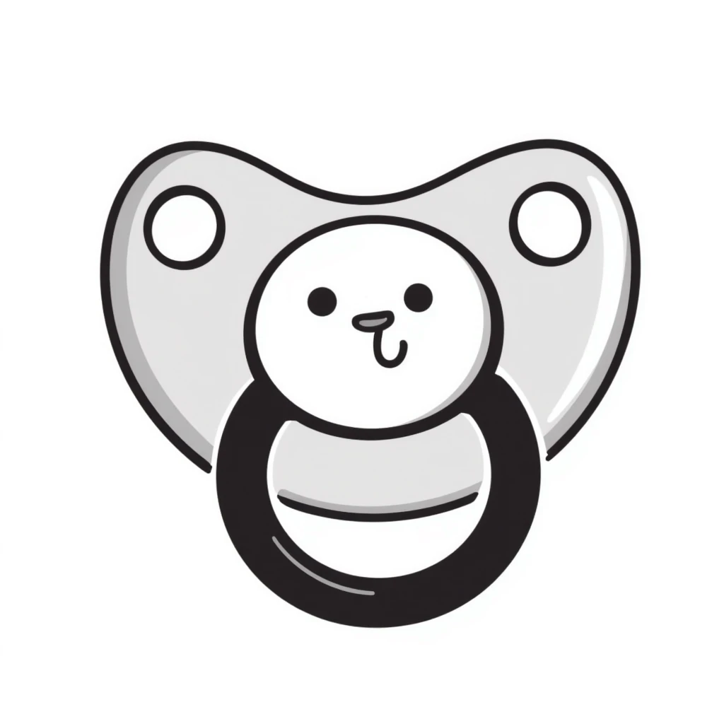 a baby pacifier with a ring and shield, in pastel colors dd9fb0, ffc6d3, a3bfc9, c4bee2, f1b091, detailed hand-drawn doodle style emoji